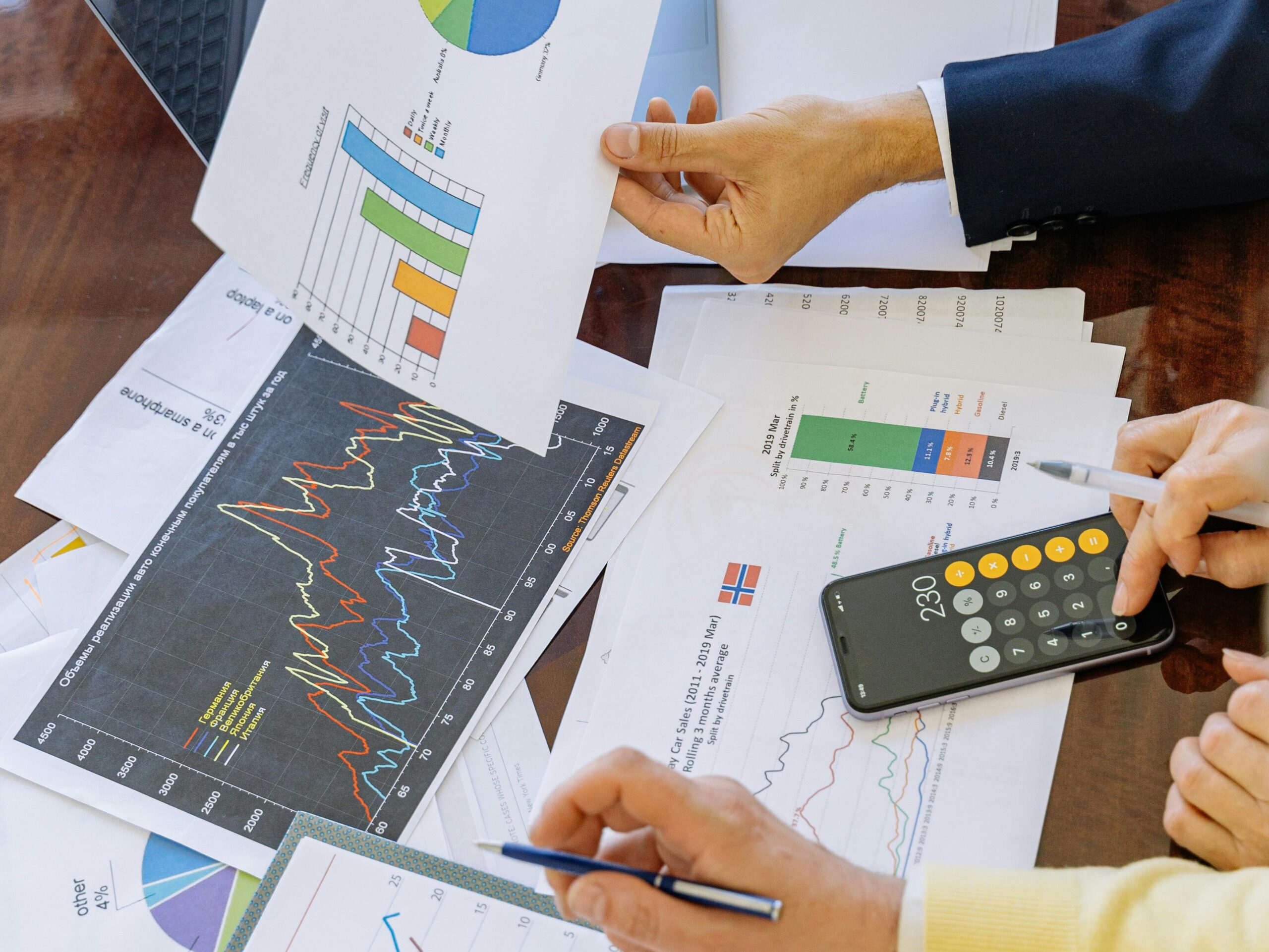 Business professionals analyzing financial charts and graphs during a meeting.